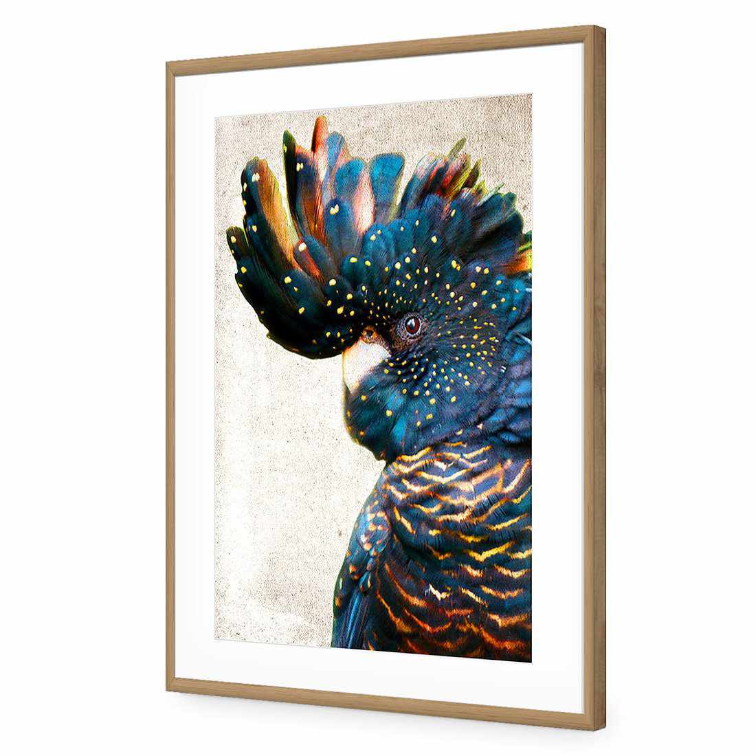 Black Cockatoo Side, Grunge | Standard Acrylic | Flat Frame With Border | Oak