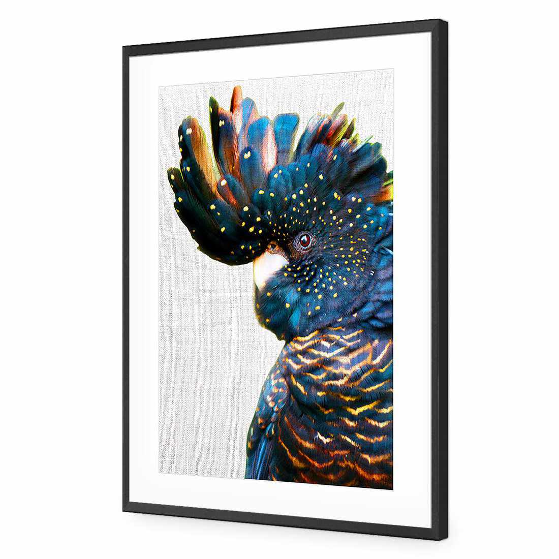 Black Cockatoo Side, Linen | Classic Acrylic | Flat Frame With Border | Black