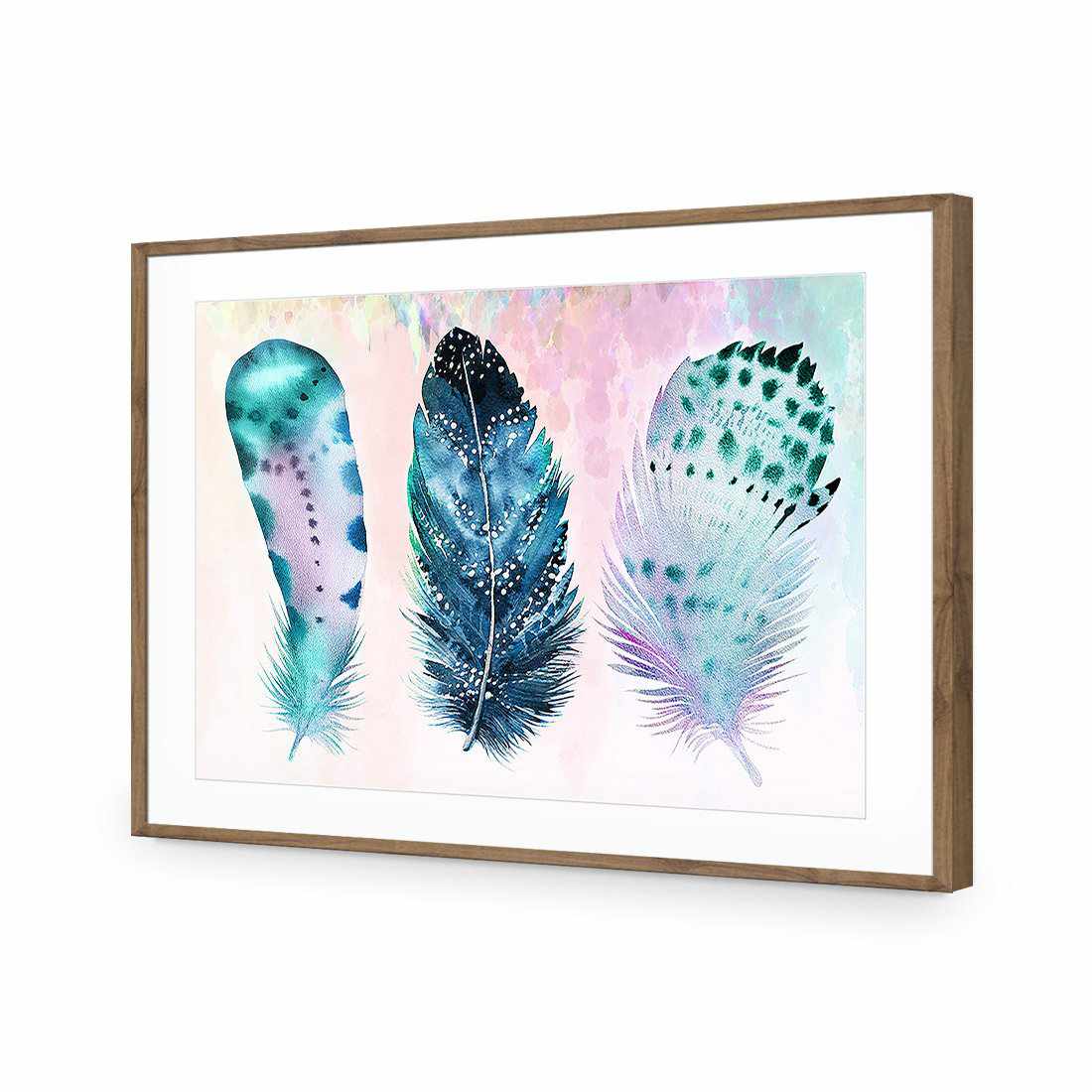 Boho Feathers, Rainbow | Standard Acrylic | Flat Frame With Border | Natural
