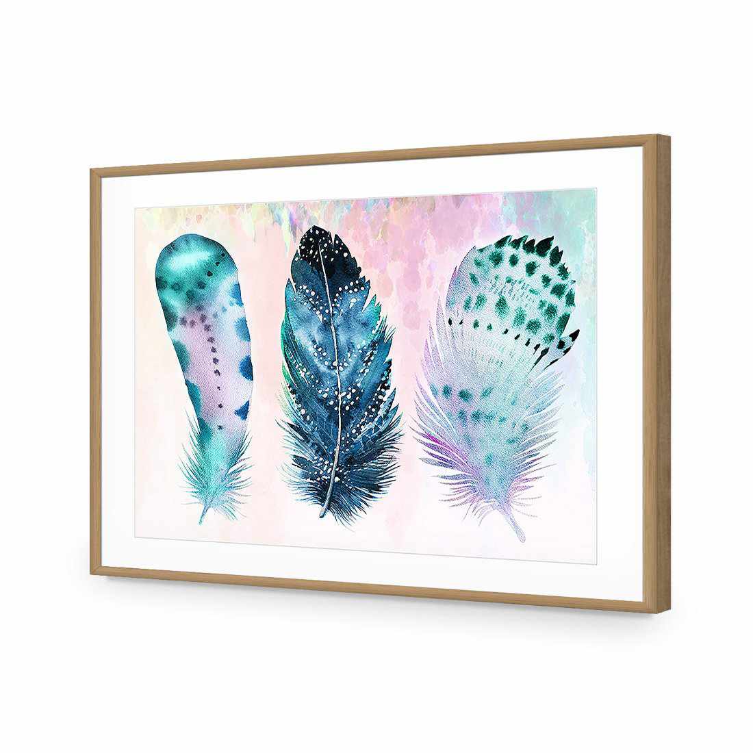 Boho Feathers, Rainbow | Standard Acrylic | Flat Frame With Border | Oak