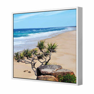 Coolum Beach, Square | Classic Canvas | Floating Frame | White