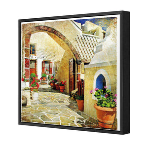 Courtyard Of Santorini | Standard Canvas | Floating Frame | Black