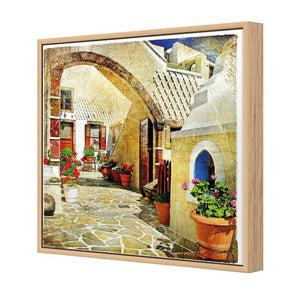 Courtyard Of Santorini | Standard Canvas | Floating Frame | Oak