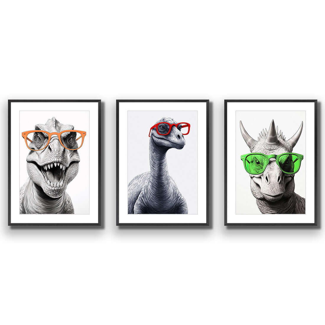 Dino Portrait Trio Art Set - Wall Art Designs - SET3_6038_AR_V WAD_AP - 030 - MAT_45x30_S - 2538 - BLK