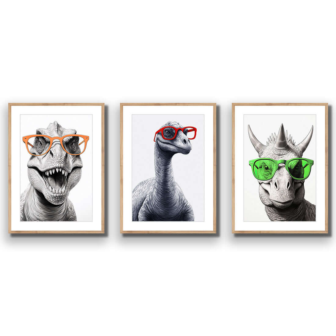 Dino Portrait Trio Art Set - Wall Art Designs - SET3_6038_AR_V WAD_AP - 030 - MAT_45x30_S - 2538 - OAK