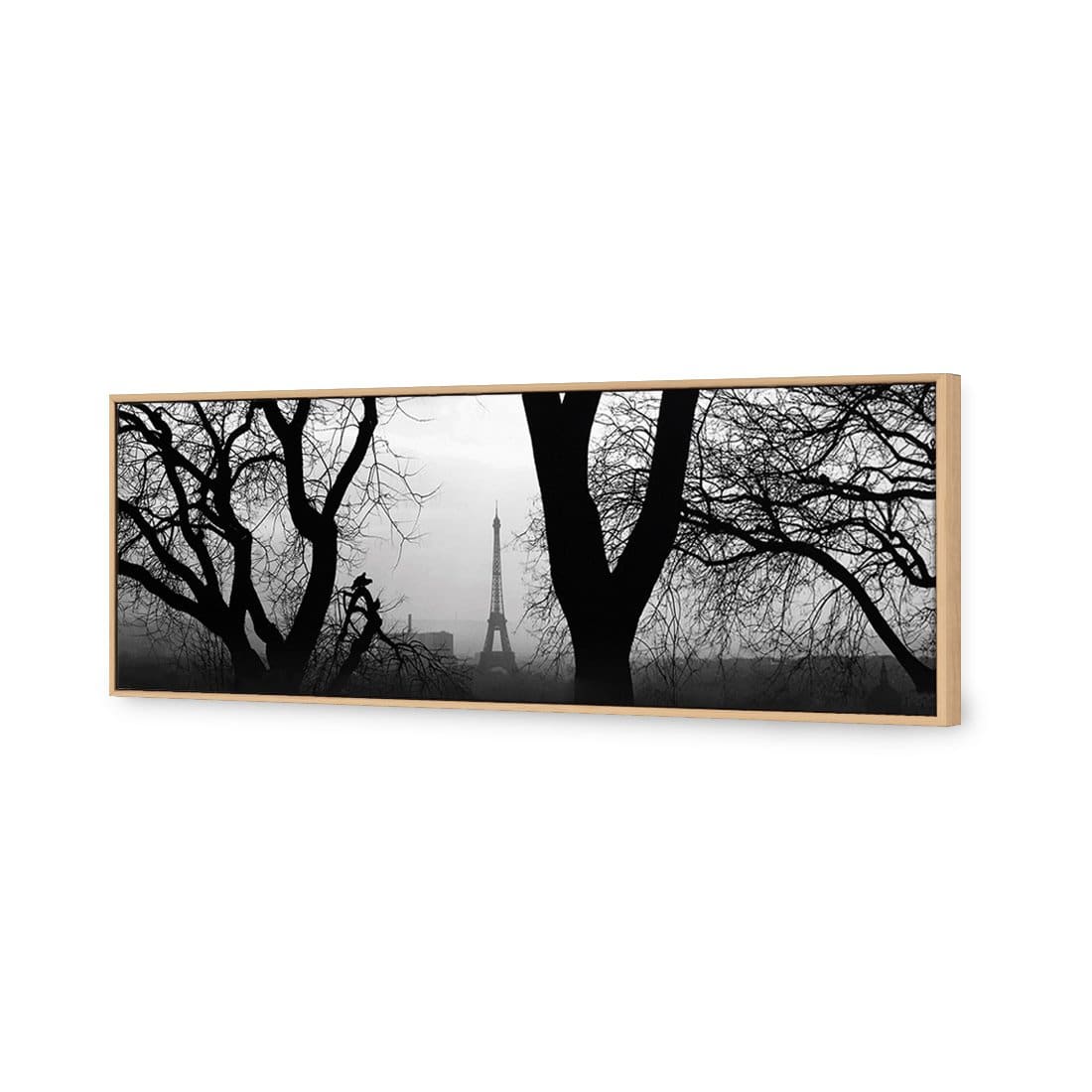Eiffel Tower Through Trees, B&W | Classic Canvas | Floating Frame | Oak