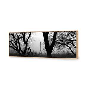 Eiffel Tower Through Trees, B&W | Classic Canvas | Floating Frame | Oak
