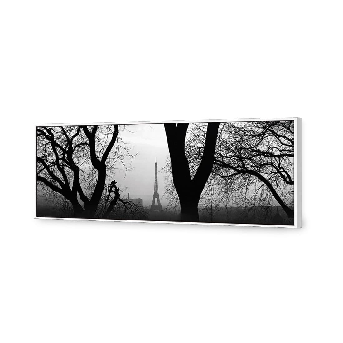 Eiffel Tower Through Trees, B&W | Classic Canvas | Floating Frame | White