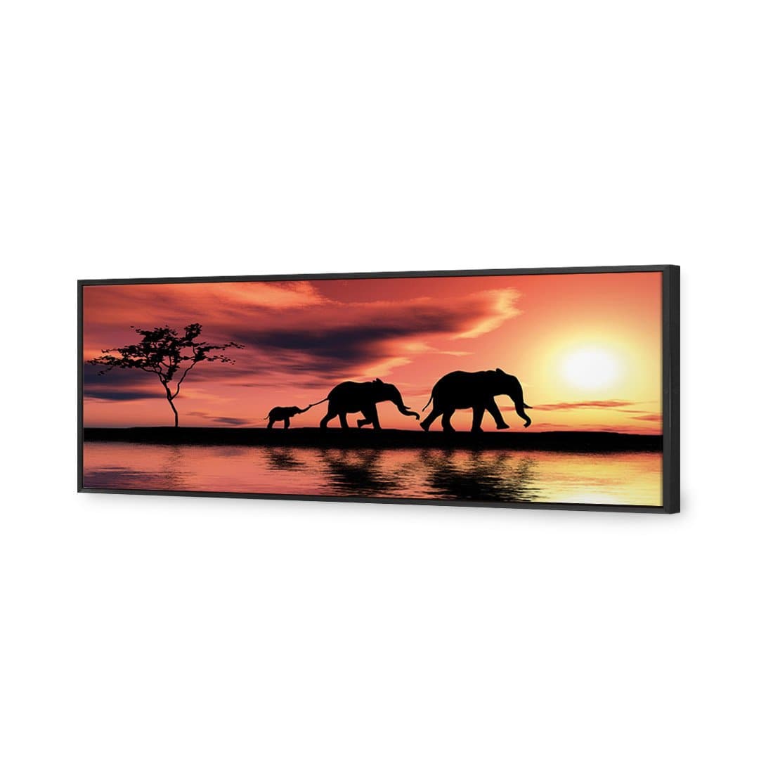 Family of Elephants at Sunset, Long | Standard Canvas | Floating Frame | Black