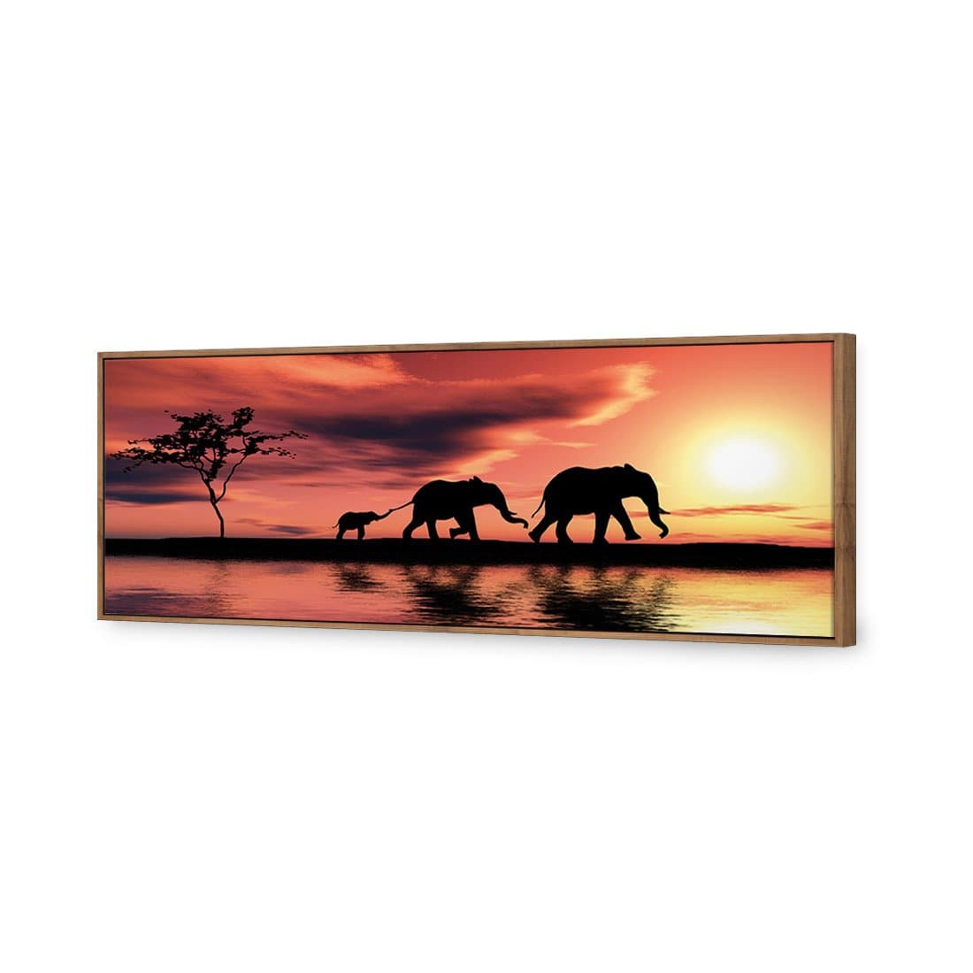 Family of Elephants at Sunset, Long | Standard Canvas | Floating Frame | Natural