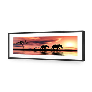 Family of Elephants at Sunset, Long | Standard Acrylic | Flat Frame With Border | Black