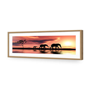 Family of Elephants at Sunset, Long | Standard Acrylic | Flat Frame With Border | Oak