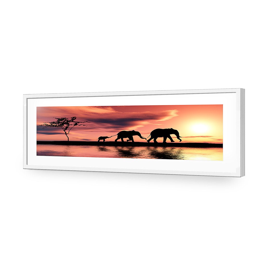 Family of Elephants at Sunset, Long | Standard Acrylic | Flat Frame With Border | White