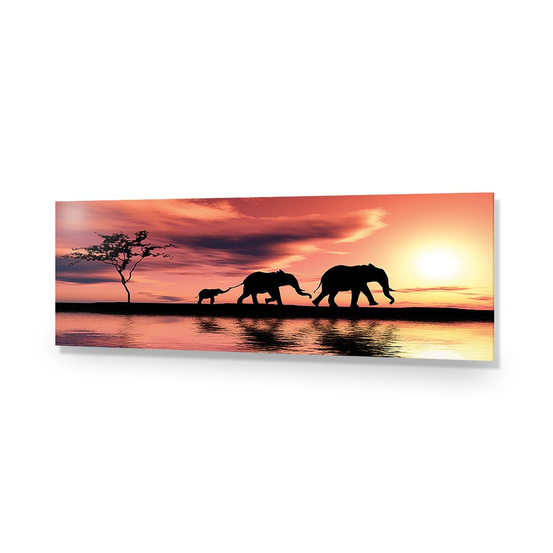 Family of Elephants at Sunset, Long Acrylic Glass Art - Wall Art Designs - 3349_AL_H WAD_AP - 030 - EDG_60x20_NONE