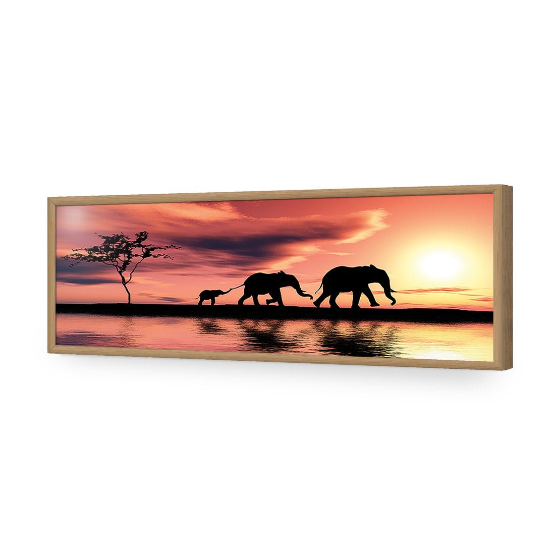 Family of Elephants at Sunset, Long | Standard Acrylic | Flat Frame No Border | Oak