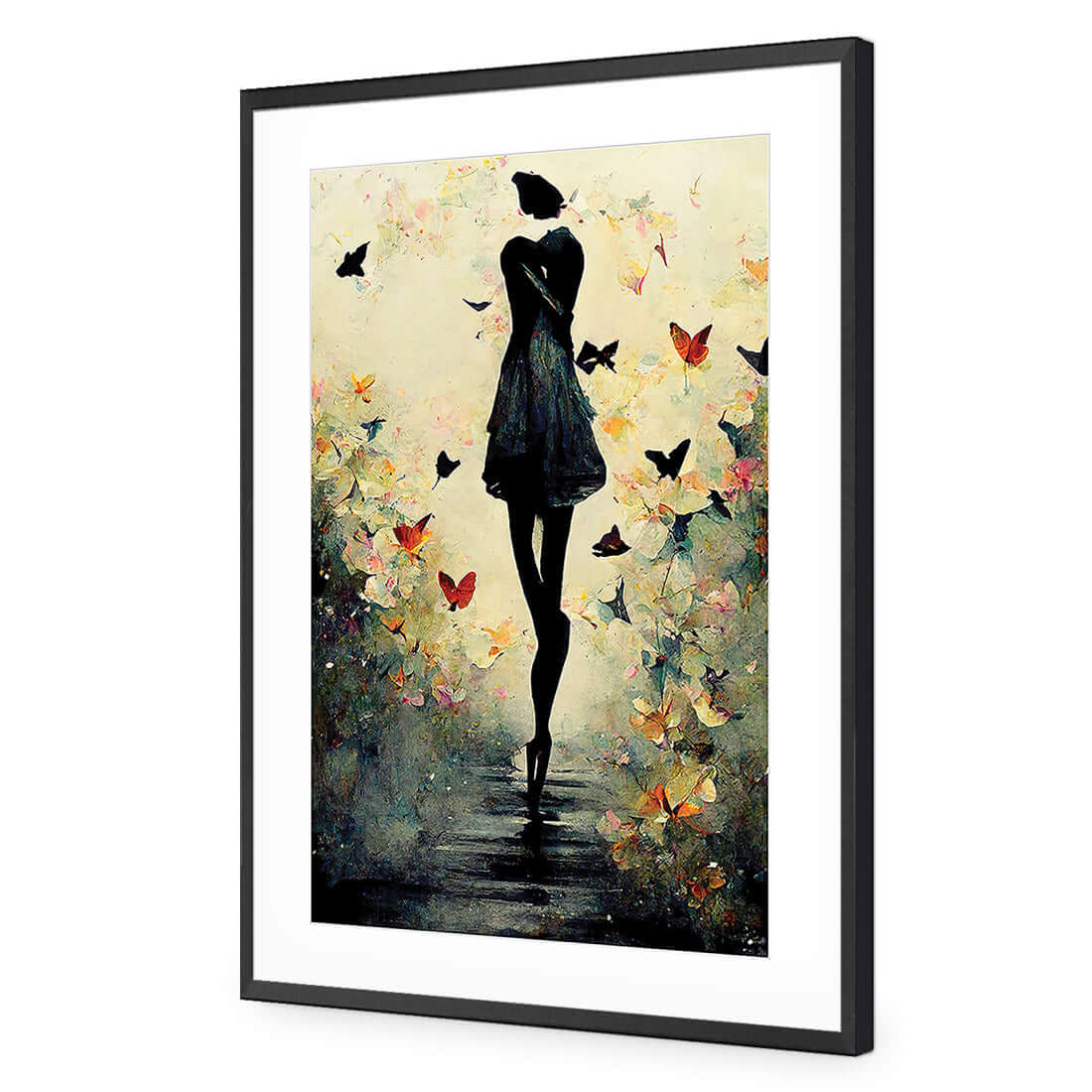 Girl with Butterflies I | Classic Acrylic | Flat Frame With Border | Black