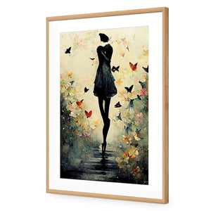 Girl with Butterflies I | Classic Acrylic | Flat Frame With Border | Oak