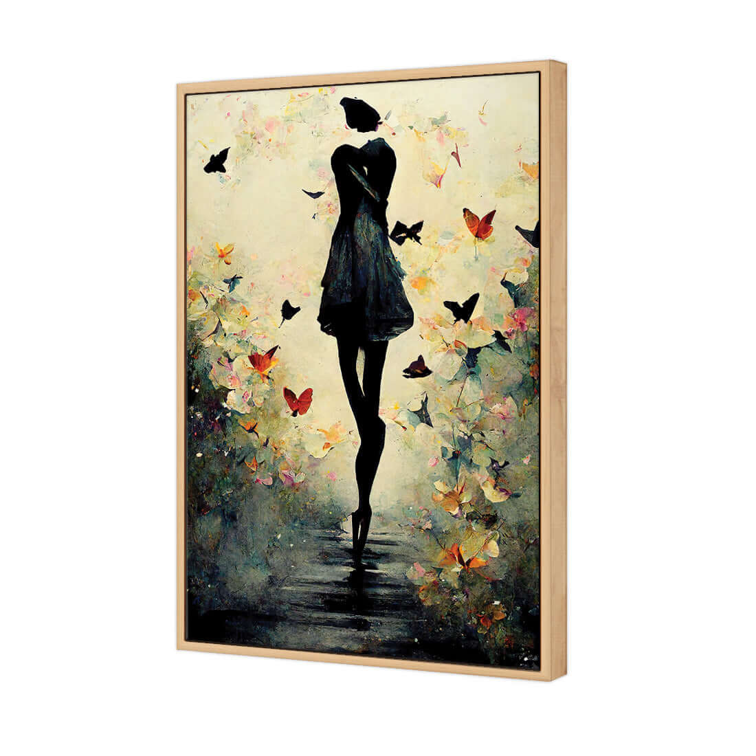 Girl with Butterflies I | Classic Canvas | Floating Frame | Oak