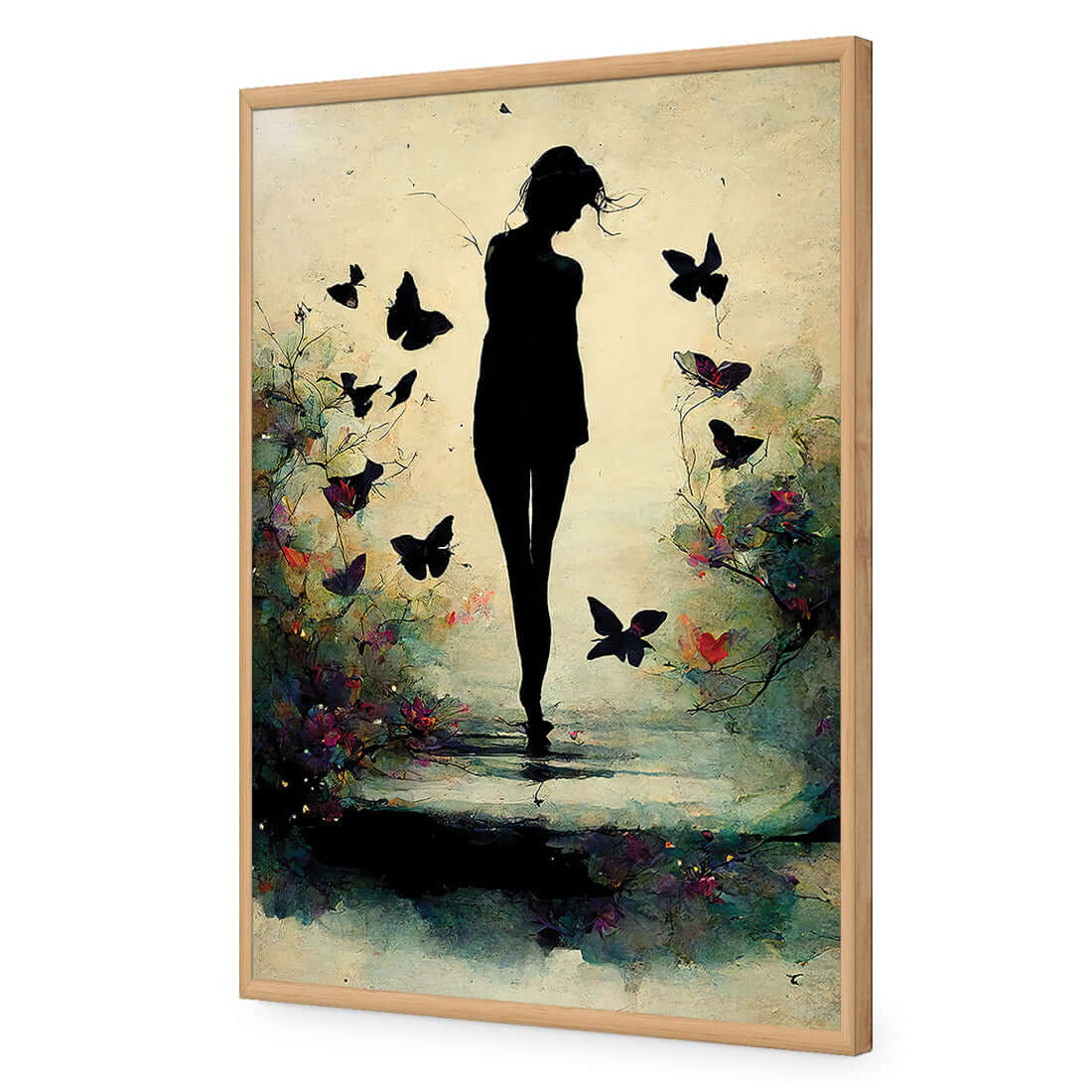 Girl with Butterflies II | Classic Acrylic | Flat Frame No Border | Oak