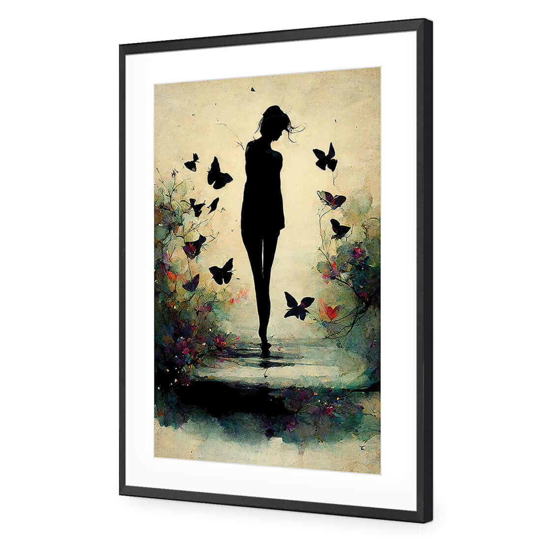 Girl with Butterflies II | Classic Acrylic | Flat Frame With Border | Black