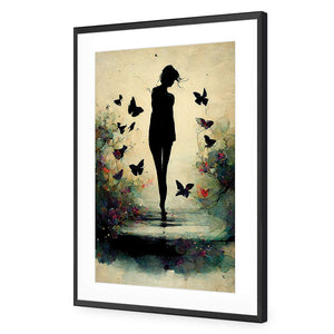 Girl with Butterflies II | Classic Acrylic | Flat Frame With Border | Black