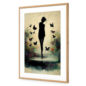 Girl with Butterflies II | Classic Acrylic | Flat Frame With Border | Oak