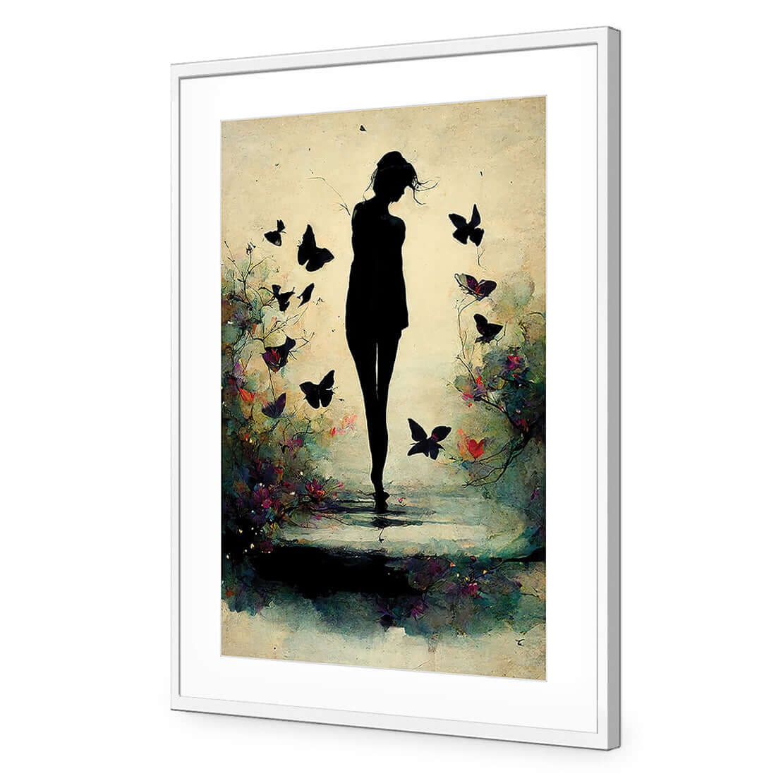Girl with Butterflies II | Classic Acrylic | Flat Frame With Border | White