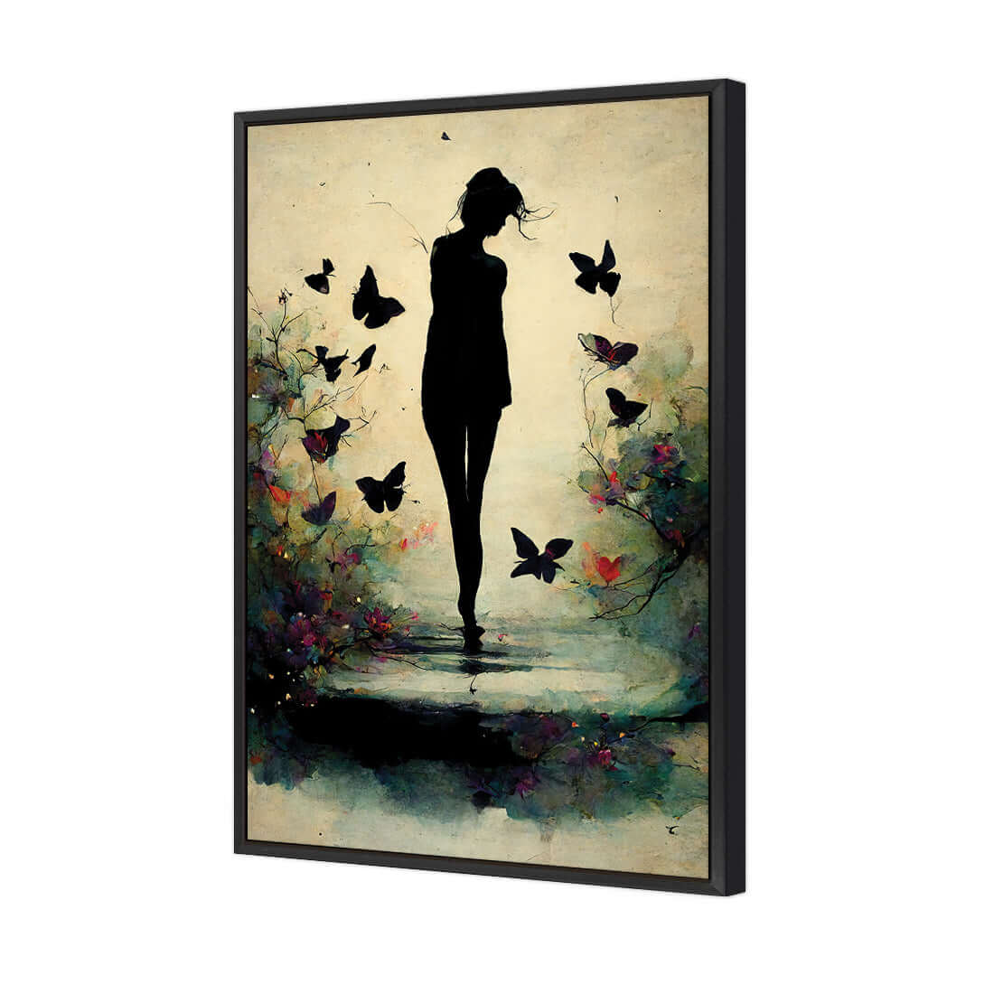 Girl with Butterflies II | Classic Canvas | Floating Frame | Black