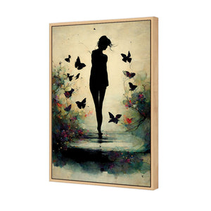 Girl with Butterflies II | Classic Canvas | Floating Frame | Oak