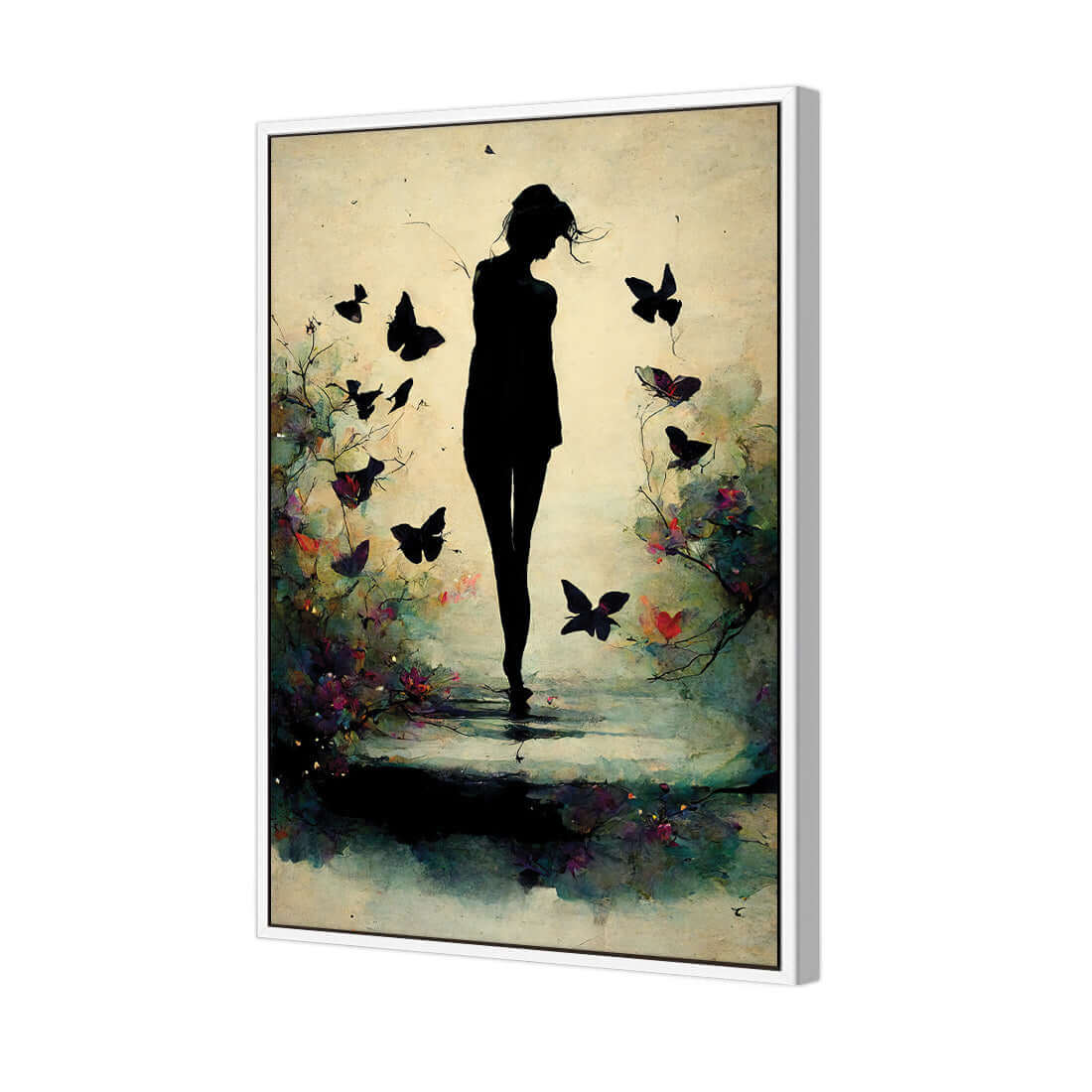 Girl with Butterflies II | Classic Canvas | Floating Frame | White