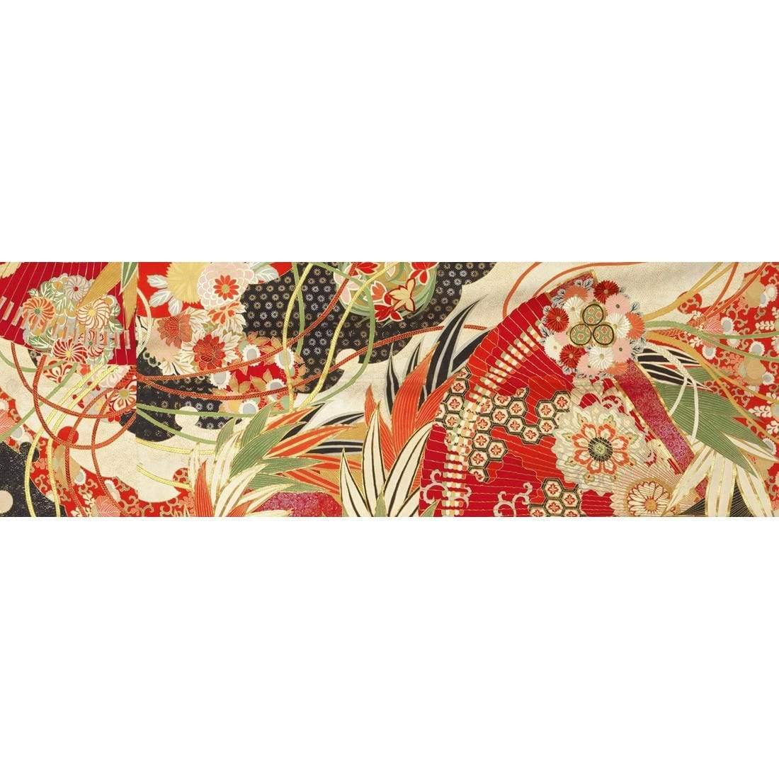 Japanese Fabric Red Flowers and Fans | Classic Canvas | No Frame | Stretched Canvas