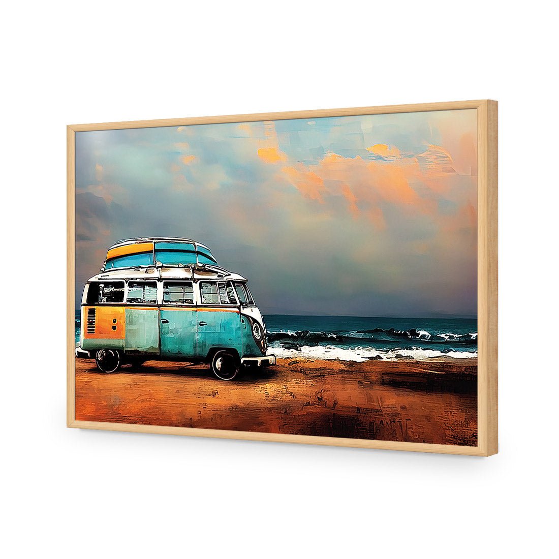 Kombi at the Beach | Classic Acrylic | Flat Frame No Border | Oak
