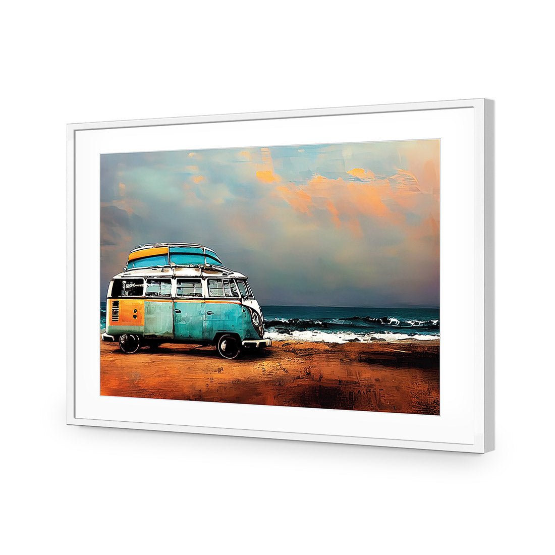 Kombi at the Beach | Classic Acrylic | Flat Frame With Border | White