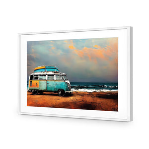 Kombi at the Beach | Classic Acrylic | Flat Frame With Border | White