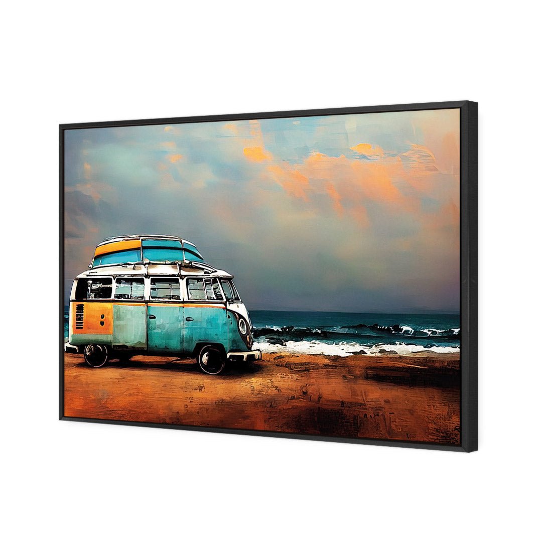 Kombi at the Beach | Classic Canvas | Floating Frame | Black