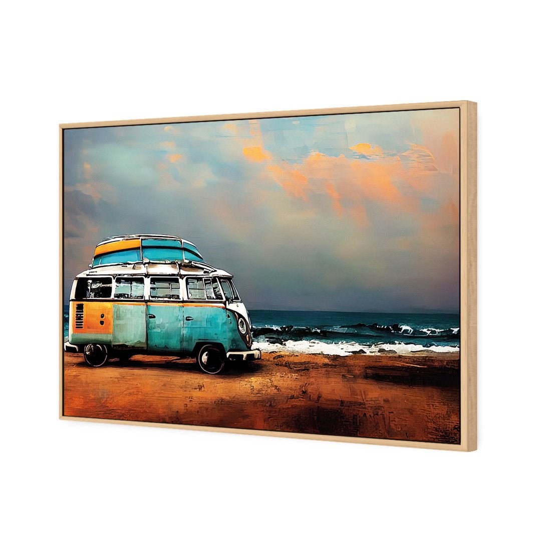 Kombi at the Beach | Classic Canvas | Floating Frame | Oak