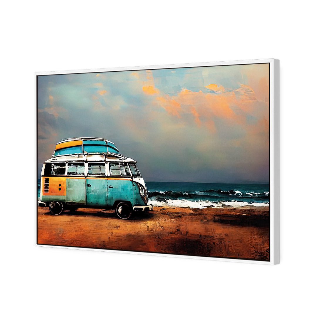 Kombi at the Beach | Classic Canvas | Floating Frame | White