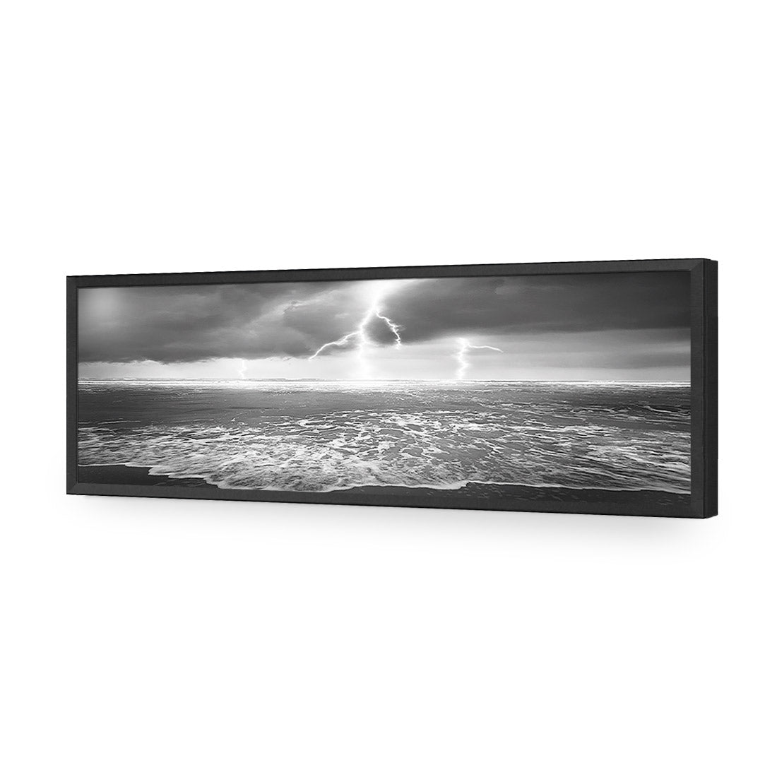 Lightning Beach, Black and White (Long) | Classic Acrylic | Flat Frame No Border | Black