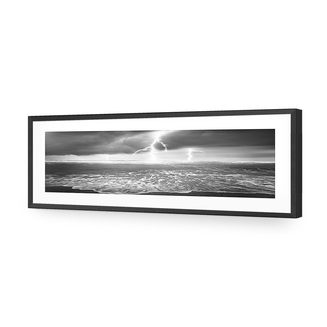 Lightning Beach, Black and White (Long) | Classic Acrylic | Flat Frame With Border | Black