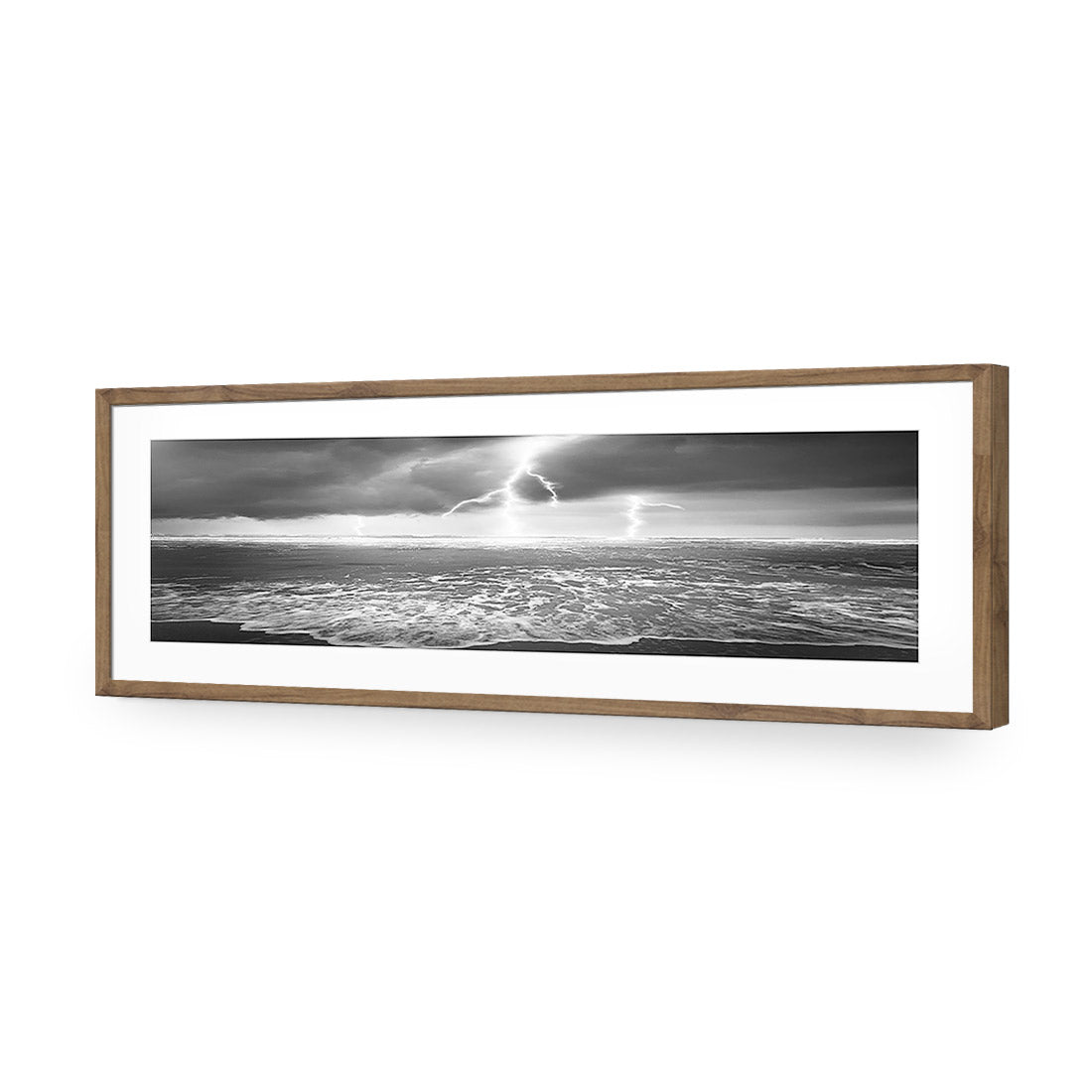 Lightning Beach, Black and White (Long) | Classic Acrylic | Flat Frame With Border | Natural