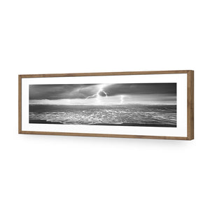 Lightning Beach, Black and White (Long) | Classic Acrylic | Flat Frame With Border | Natural