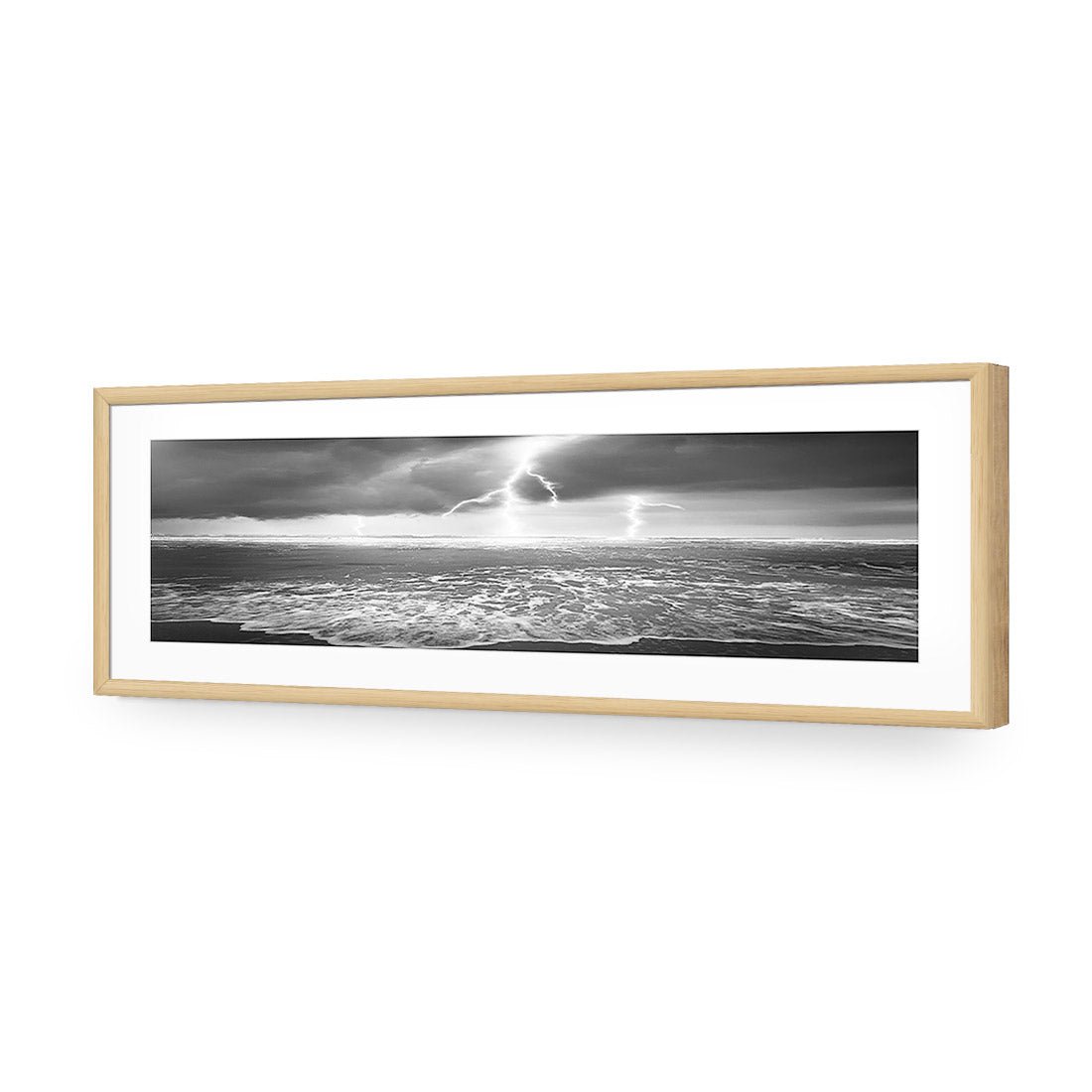 Lightning Beach, Black and White (Long) | Classic Acrylic | Flat Frame With Border | Oak