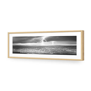 Lightning Beach, Black and White (Long) | Classic Acrylic | Flat Frame With Border | Oak