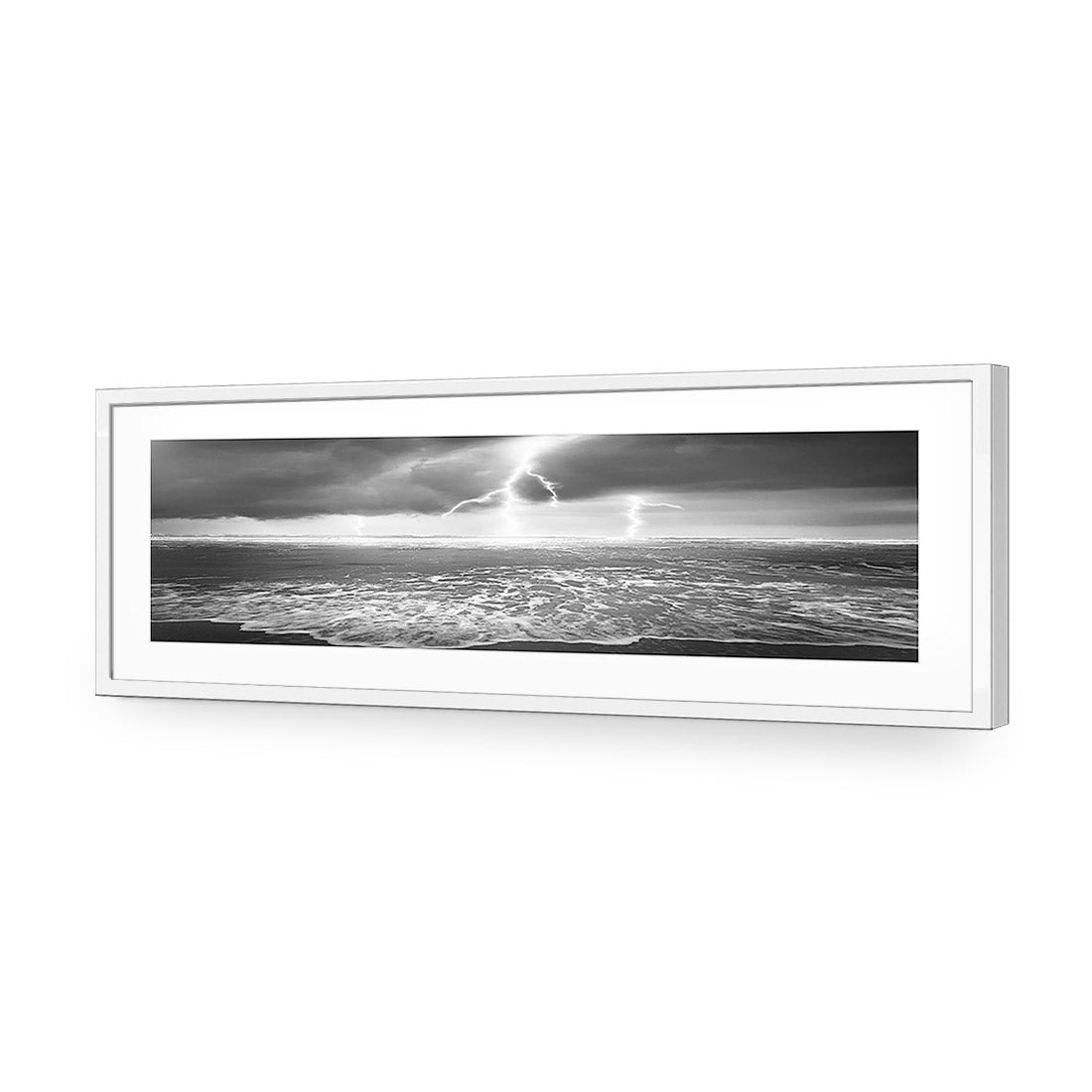 Lightning Beach, Black and White (Long) | Classic Acrylic | Flat Frame With Border | White
