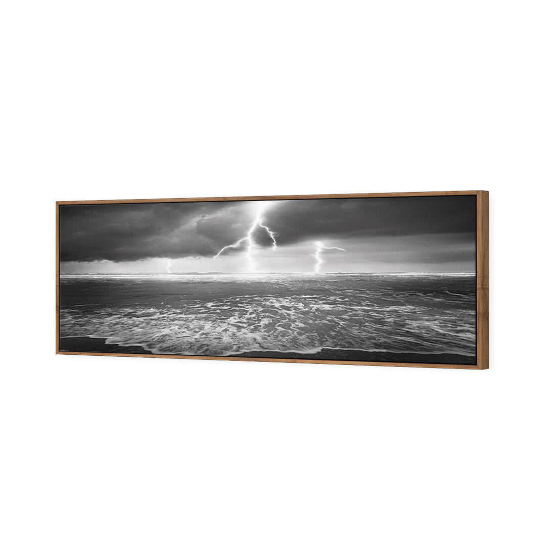 Lightning Beach, Black and White (Long) | Classic Canvas | Floating Frame | Natural