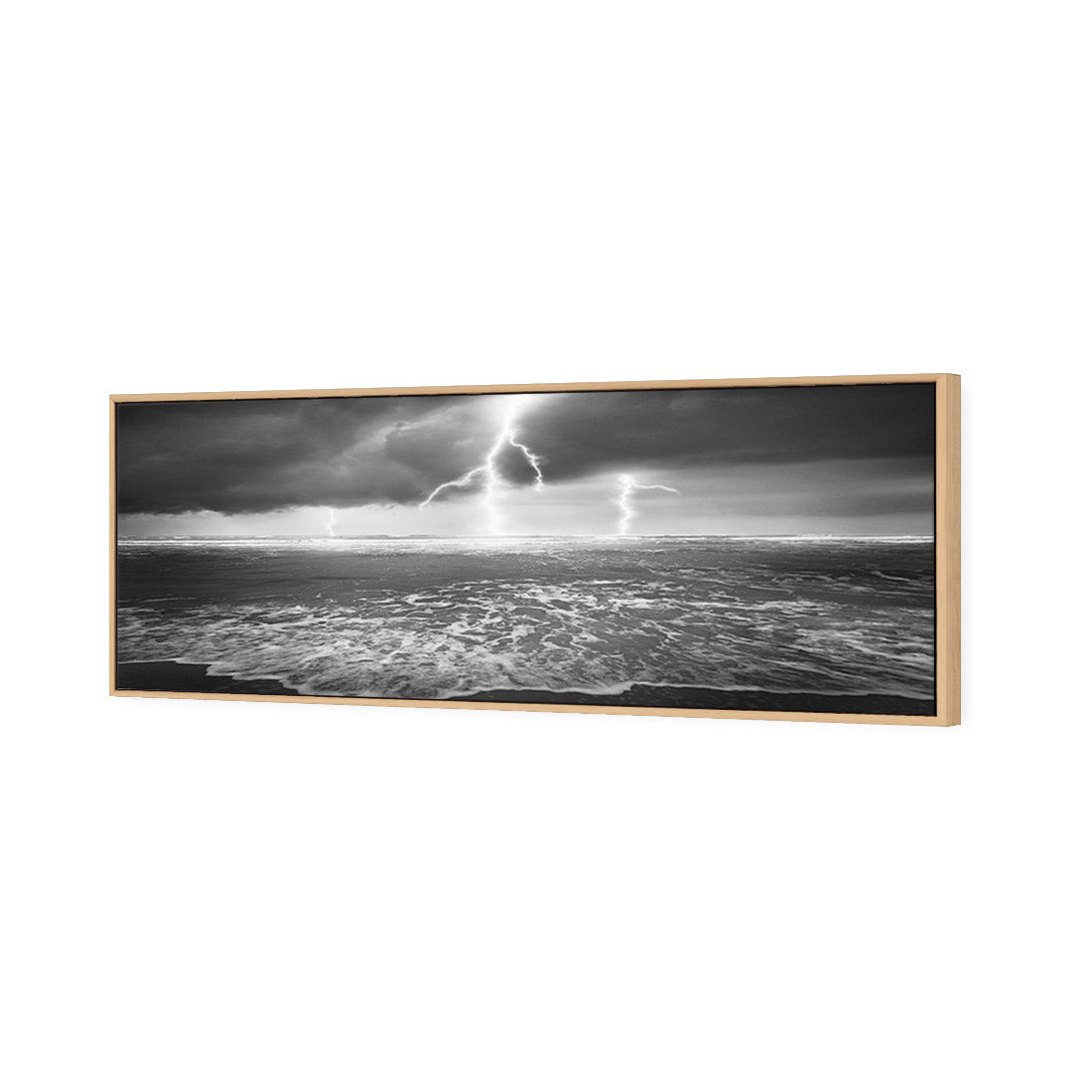 Lightning Beach, Black and White (Long) | Classic Canvas | Floating Frame | Oak