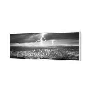 Lightning Beach, Black and White (Long) | Classic Canvas | Floating Frame | White