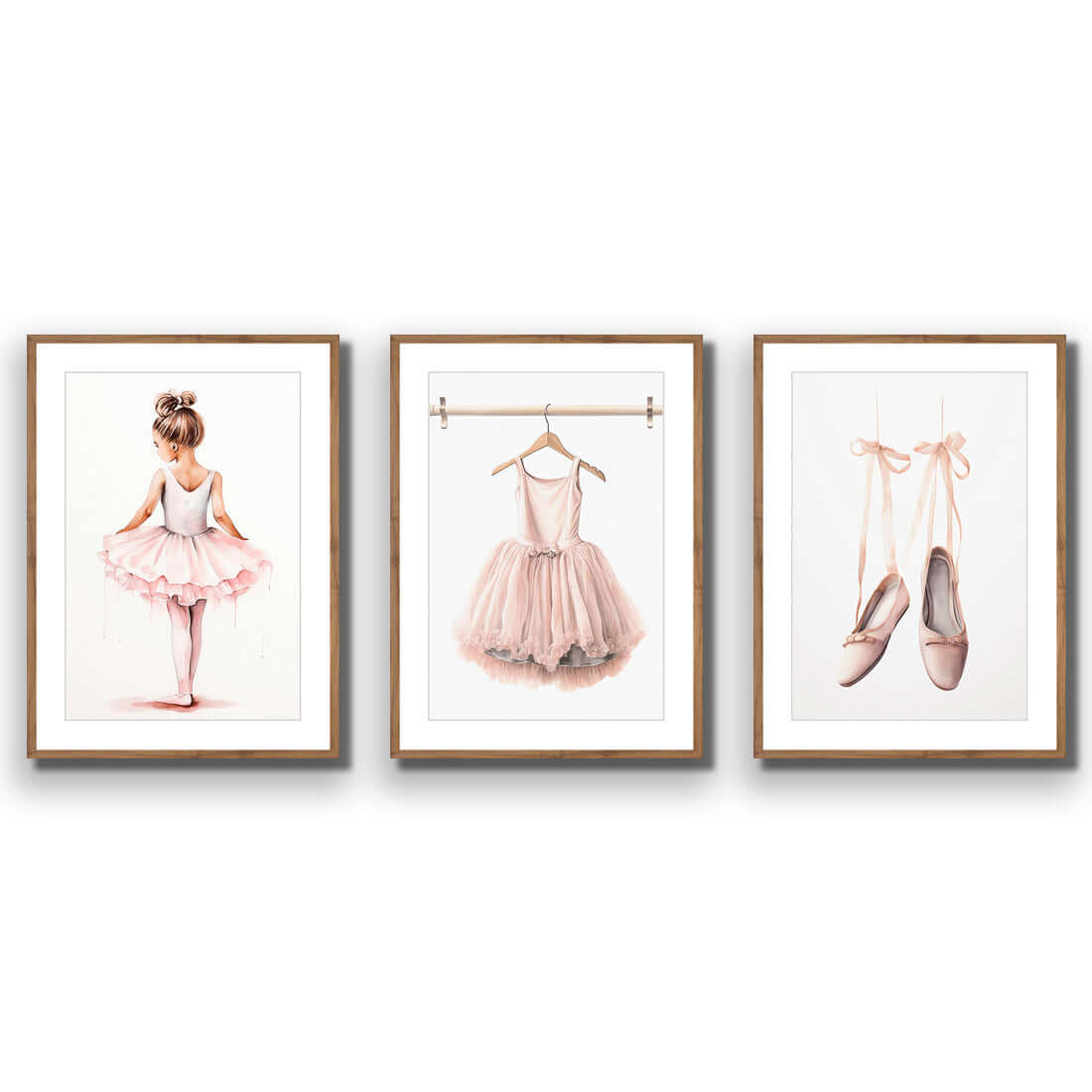 Little Ballerina 1 - Trio Art Set | Classic Acrylic | Flat Frame With Border | Natural