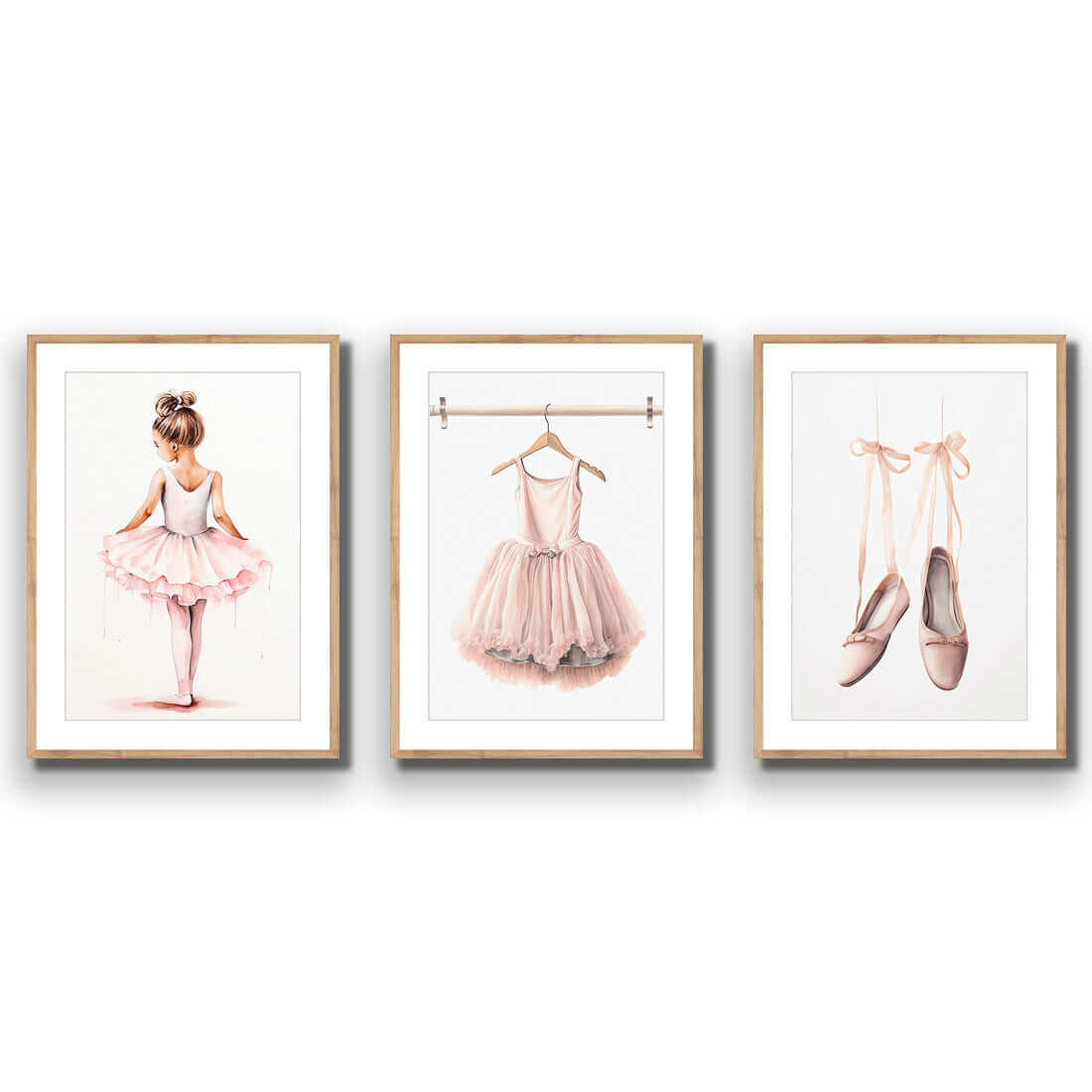 Little Ballerina 1 - Trio Art Set | Classic Acrylic | Flat Frame With Border | Oak