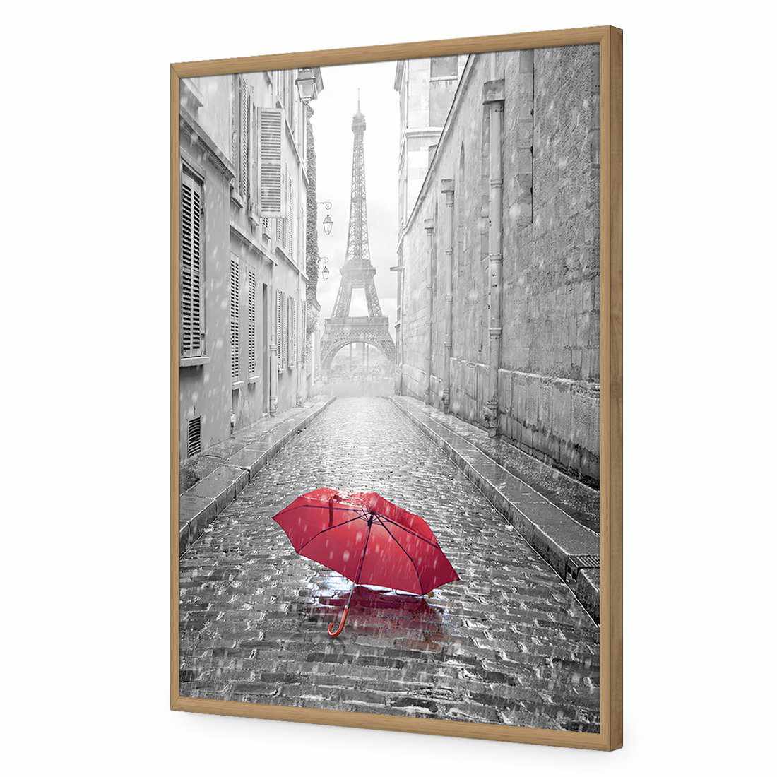 Lost Umbrella In Paris, Red | Standard Acrylic | Flat Frame No Border | Oak